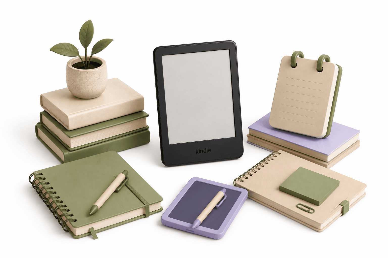 Un lector Kindle junto a cuadernos y subrayados