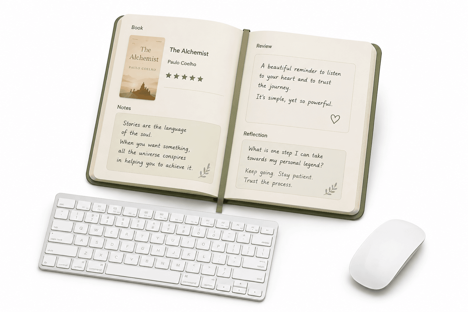 Un diario abierto con la reseña de un libro, notas y una pregunta de reflexión personal