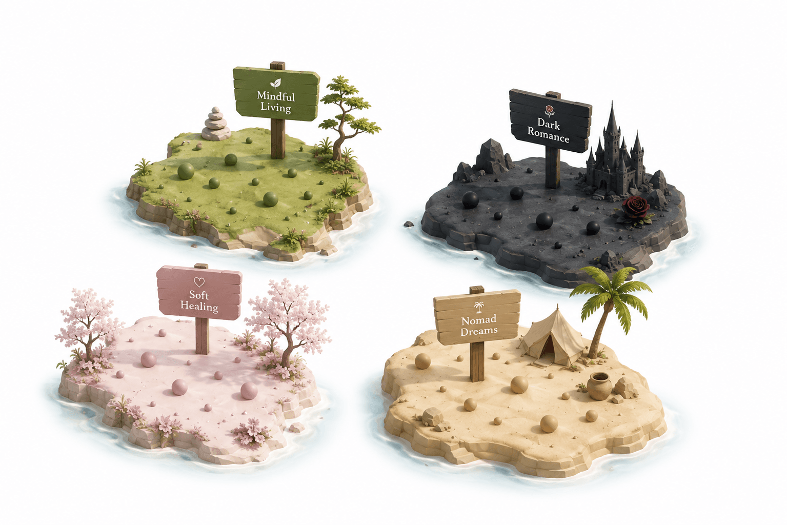 Un mapa de lectura con islas temáticas llamadas Vida Consciente, Romance Oscuro, Sanación Suave y Sueños Nómadas